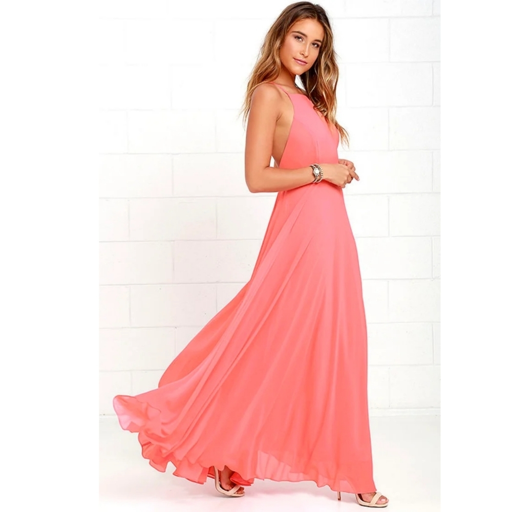 Lulu’s Mythical Kind of Love Coral Pink Maxi Dress Size Small